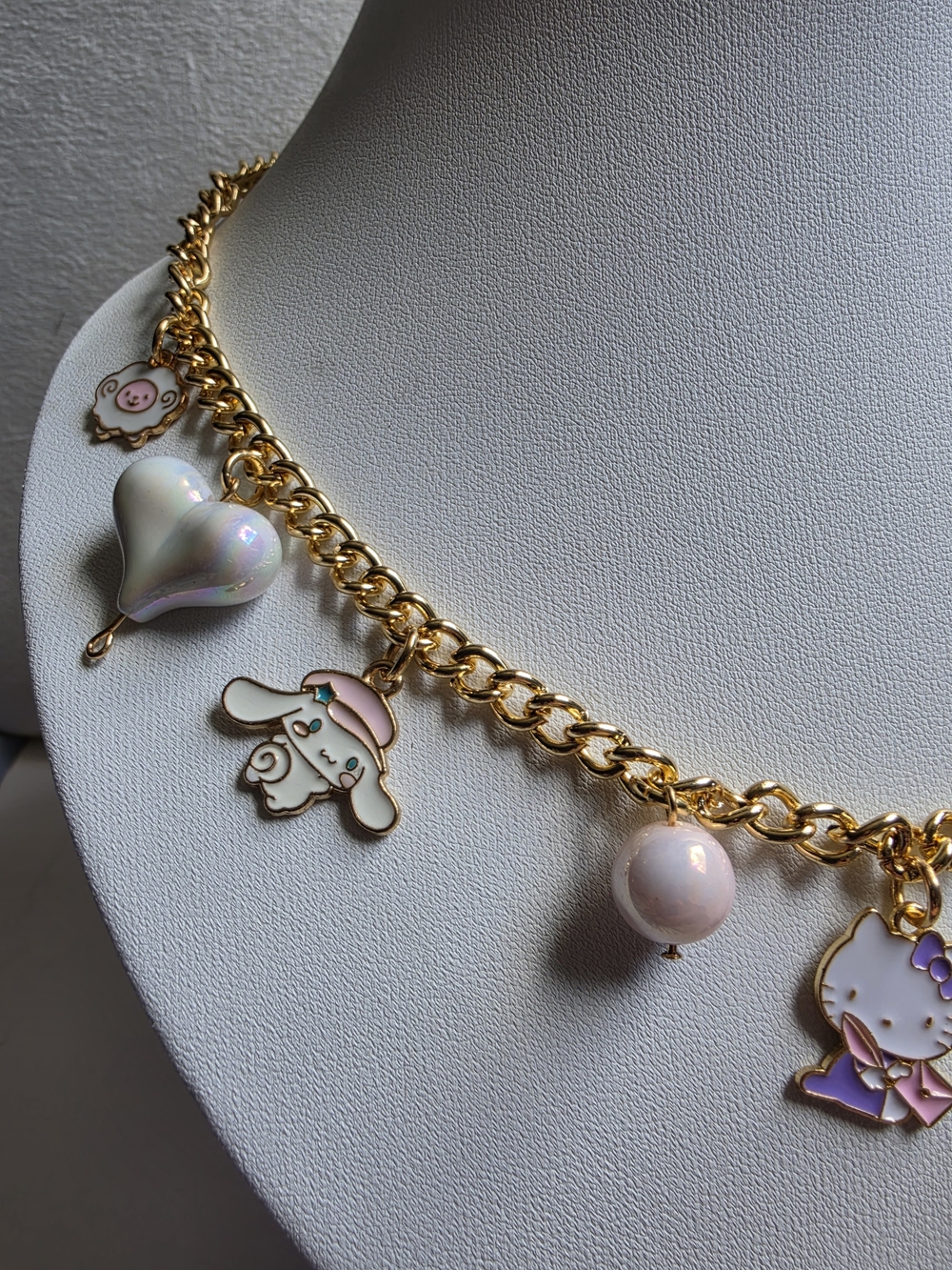 Gold Chain Necklace with Pink Enamel Charms and Pearlescent Beads - Picture 3 of 6